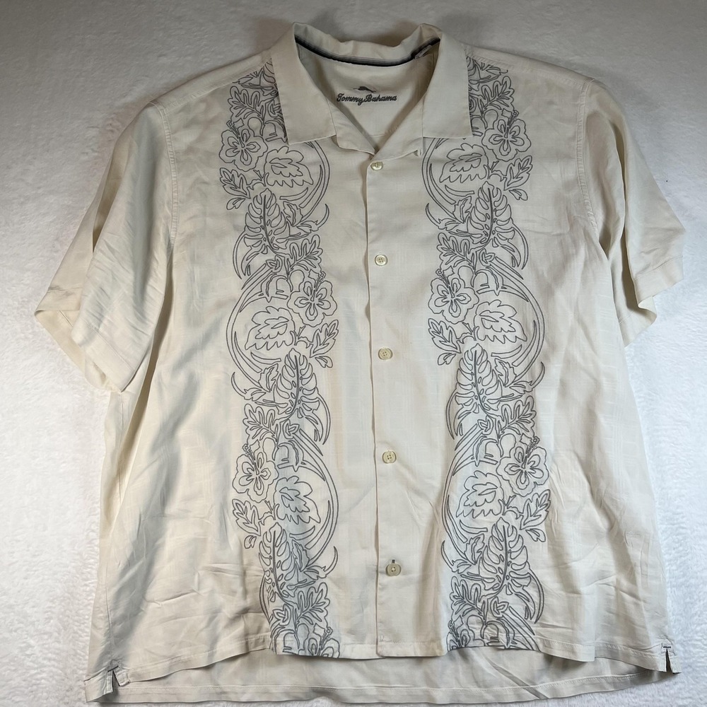 Tommy Bahama Shirt Mens 3XL Cream Silk Floral Embroidered Camp Hawaiian - Picture 1 of 10